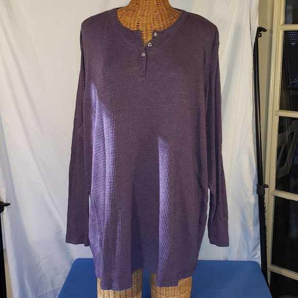 Northcrest Tops - Ladies NORTH CREST Waffleknit Long Sleeve Henley in Purple - 3X